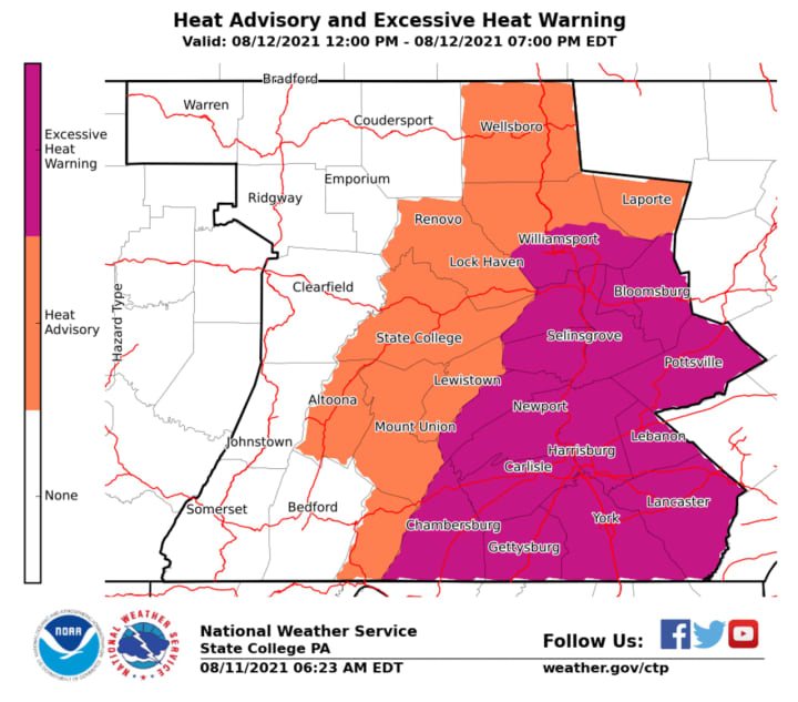 Heat Advisory and Warning map for Pennsylvania.