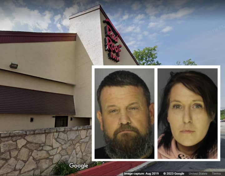 The accused armed robbers Jamie Bruder and Ashley Barrick (who is at large), and the Red Roof Inn in Swatara Township where the incident happened, police say.
