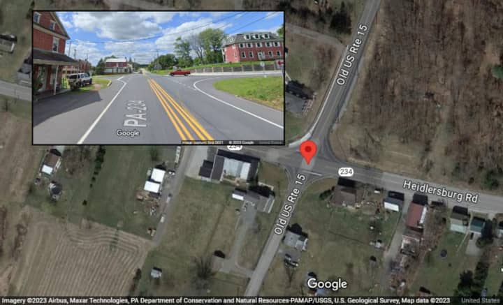 A map and street view of the intersection of Heidlersburg and Old Harrisburg roads in Tyrone Township where a person was struck, authorities say.&nbsp;