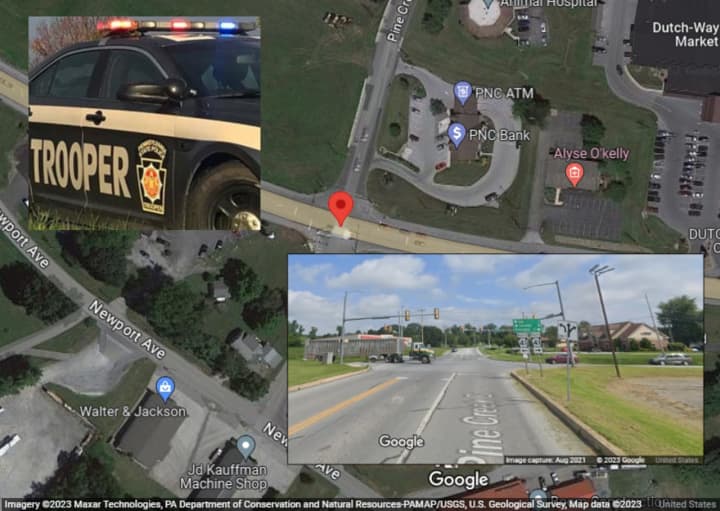 A Pennsylvania State Police vehicle, a street view of the intersection where troopers were called, and a map showing the intersection of Route 41 and Pine Creek Drive where the deadly crash happened.&nbsp;
