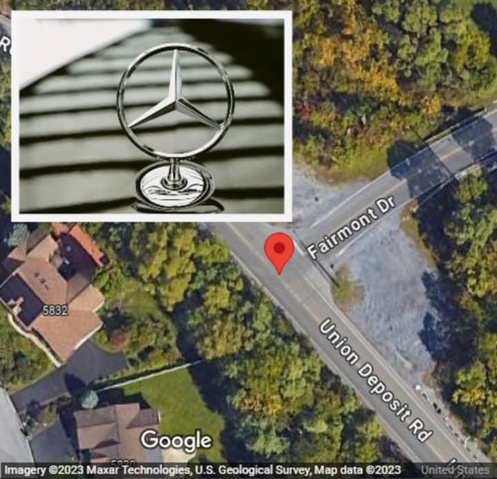 A map showing where the deadly crash happened and a close-up of the head ornament of a white Mercedes-Benz.&nbsp;