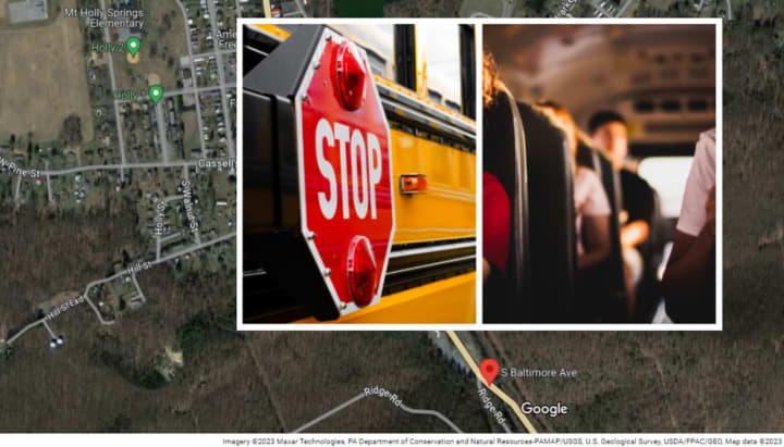 A close-up of a school bus stop sign, children on a school bus, and a map showing South Baltimore Avenue in Mount Holly Springs Borough where the assault happened, according to the Pennsylvania State Police.&nbsp;