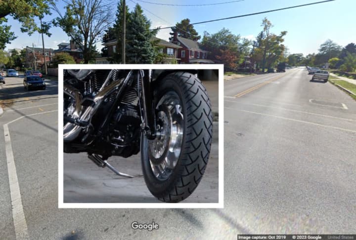 The front wheel of a motorcycle and the interaction of North West Street and Madison Avenue in York where Miguel Perez died.&nbsp;