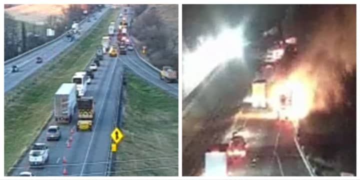 Interstate reopening following the multi-vehicle fires |(left) and the scene of the fires on the right.