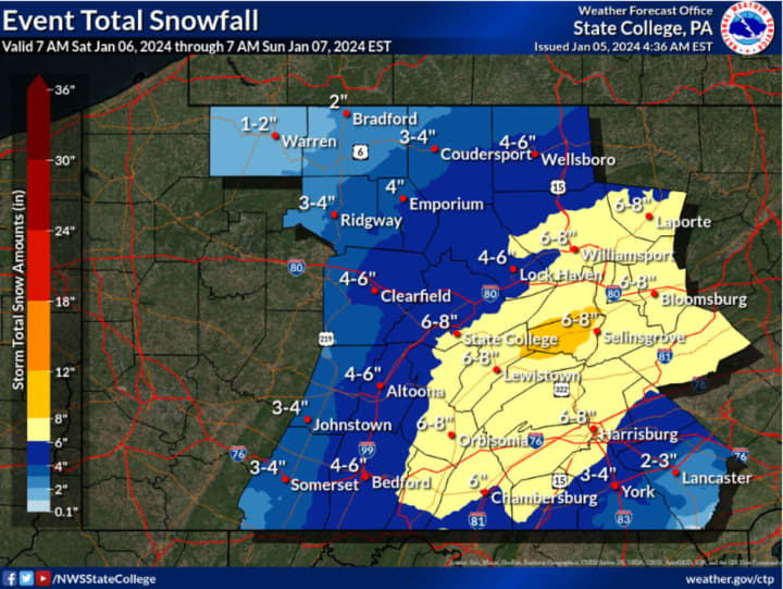 The expected snow accumulation across Central Pennsylvania.