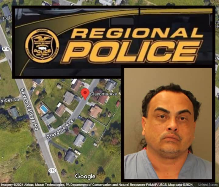 Antonio Saldana-Ramos's mugshot, an NYCRPD vehicle, and a map showing Clayoma Avenue in North Codorus Township where a fatal shooting happened on Feb. 15, authorities say.
