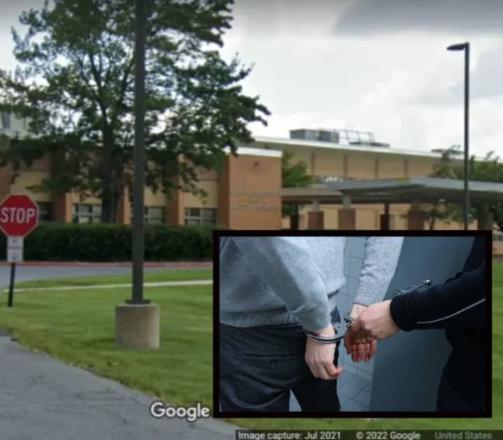 Central Dauphin East High School and a young man being handcuffed.&nbsp;