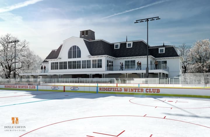 An artist&#x27;s rendering of the proposed Ridgefield Winter Club, which features an outdoor ice rink.