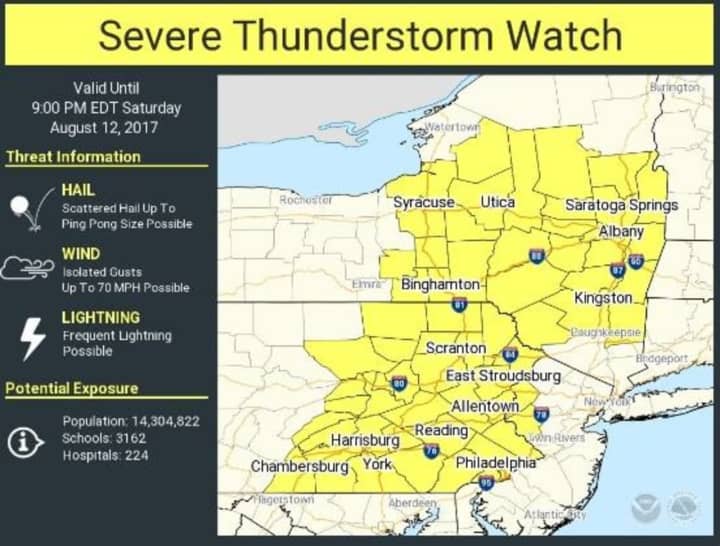 A look at areas (in yellow), including Dutchess, covered by the Severe Thunderstorm Watch.