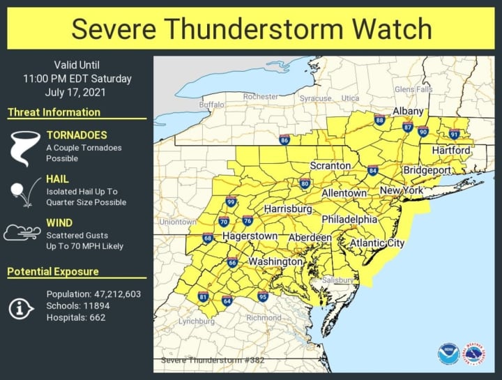 A look at areas covered by the Severe Thunderstorm Watch (in yellow).
