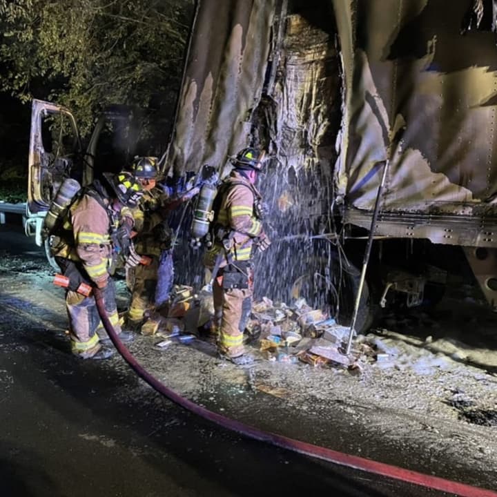 A tractor-trailer went up in flames on Route 287 Sunday night, prompting a quick and efficient response from several local fire departments, state police said.