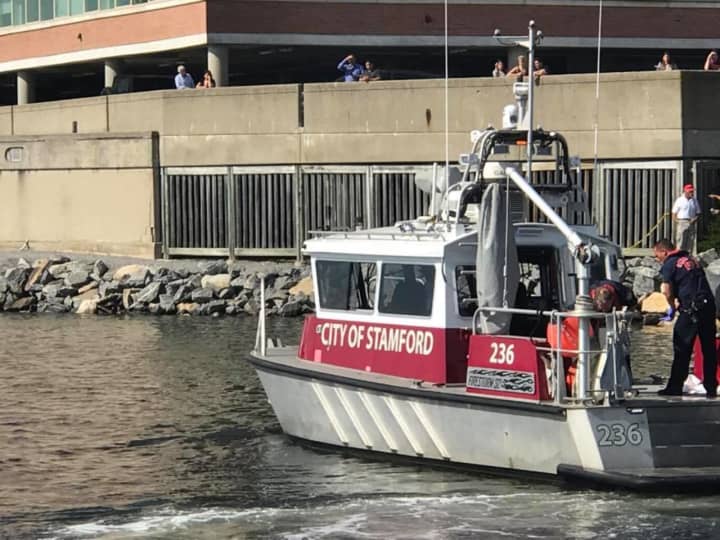 The Stamford Fire Department searches the waters of Stamford Harbor for a missing man.
