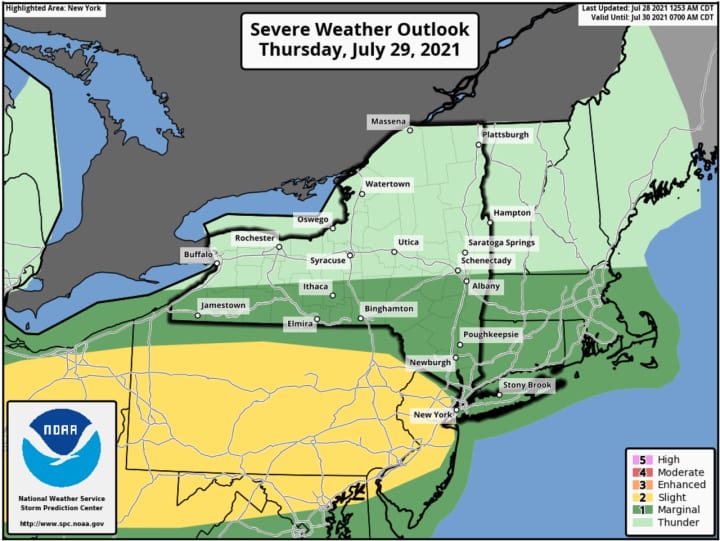 A look at areas (in dark green) at risk for strong storms on Thursday, July 29 in the mid afternoon into the late evening.