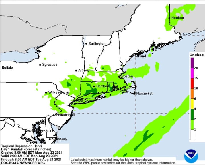 Projections for additional rainfall on Monday, Aug. 23.