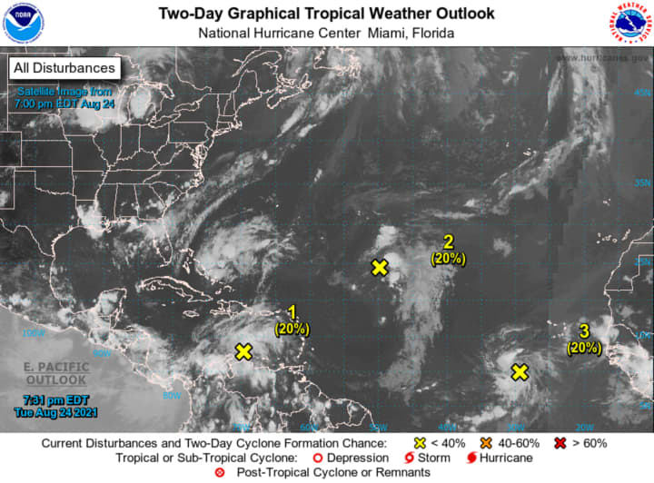 The National Hurricane Center says it&#x27;s watching three areas of what it calls &quot;disturbed weather&quot; in the Atlantic Basin.