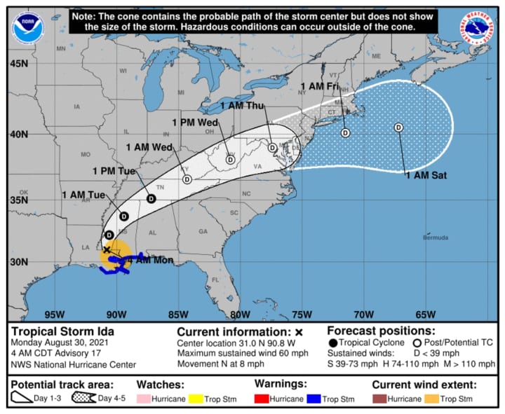 The latest timing and projected path for Hurricane Ida, released Monday morning, Aug. 30 by the National Hurricane Center.