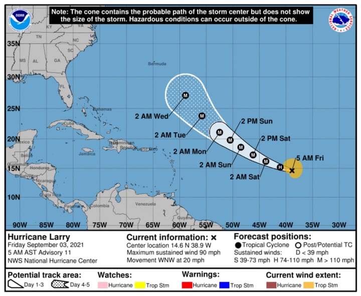 A look at the current projected track for Larry by the NWS NOAA National Hurricane Center.