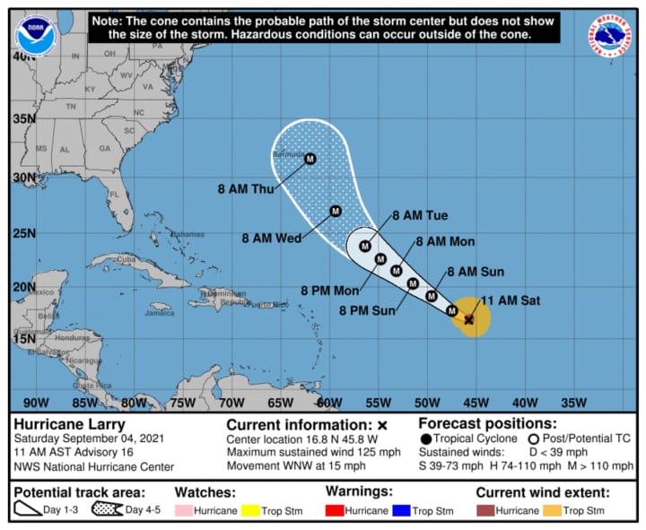 A look at the current projected track for Larry by the NWS NOAA National Hurricane Center, released Saturday, Sept. 4.