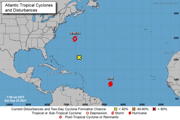 Teresa, the 19th named storm of the 2021 hurricane season, is located near Bermuda. Sam, now a Category 1 hurricame, is expected to strengthen to major Cat 4 status.