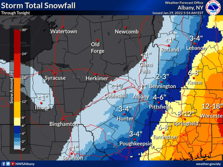 A look at the latest snowfall projections, released Saturday morning, Jan. 29 by the National Weather Service.