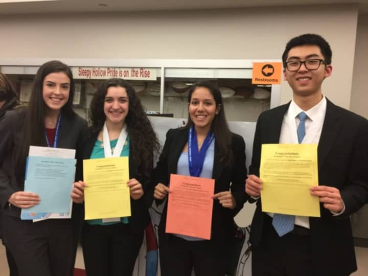 Hendrick Hudson High School students Isabella Brizzi, Melody Munitz, Melanie Porras and Jonathan Chung earned prizes at the recent WESEF competition in Sleepy Hollow.