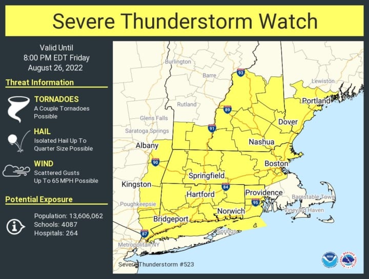 The Severe Thunderstorm Watch covers the areas in yellow.