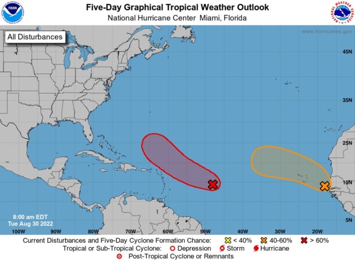 The National Hurricane Center said on Tuesday morning, Aug. 30 that it is monitoring a broad and elongated area of low pressure located several hundred miles east of the Lesser Antilles, which is producing a large area of disorganized showers and thu