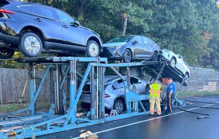 A car carrier loaded with hybrids caught fire, causing some major morning headaches on northbound Route 17 in Saddle River.