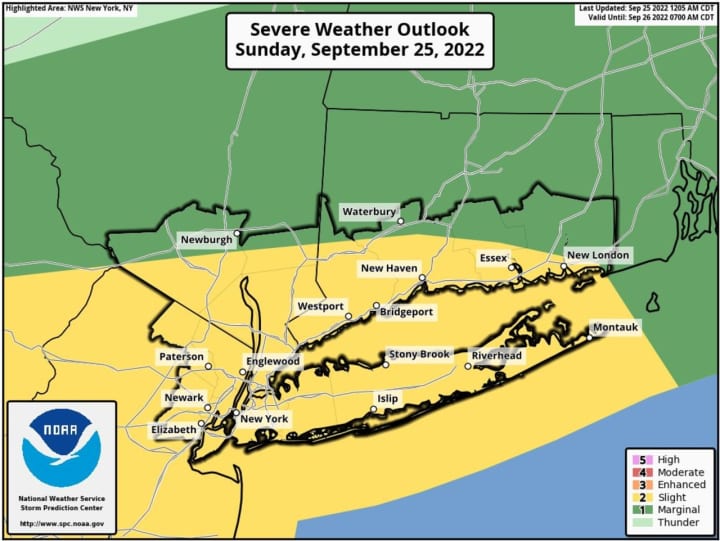 Areas shown in yellow have a higher chance for severe weather Sunday, Sept. 25 into the overnight hours of Monday morning, Sept. 26.