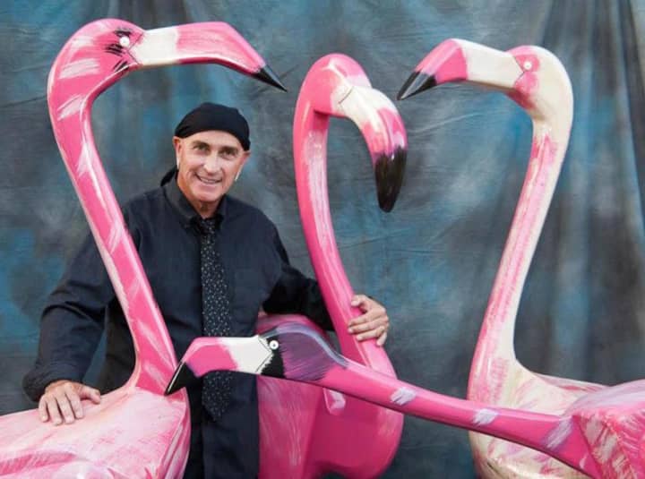 Ted Carrozza and his flamingo sculptures at a previous Ringwood St. Catherine of Bologna art show.
