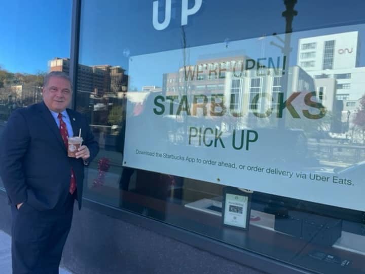 Yonkers Mayor Mike Spano orders from the new &quot;pick-up only&quot; Starbucks location in the city at 16 Nepperhan St.