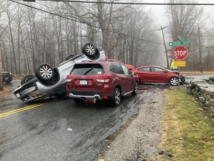 A three-car crash sent at least two people to the hospital in Sutton on Tuesday, Jan. 3