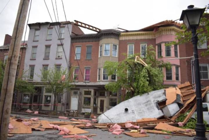 A roof was torn off of a structure on Liberty Street between Washington Street and Grand Avenue in the City of Newburgh. The debris tore down power lines and knocked down a tree during storms on Tuesday, May 15.