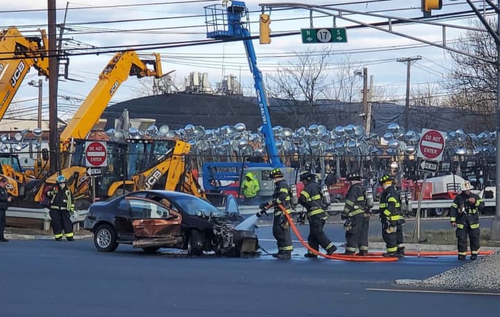 A Dodge Neon caught fire after colliding with a Toyota Camry at the northbound Route 17 jughandle across from the White Castle in Hasbrouck Heights shortly after 4 p.m. Tuesday, March 4.