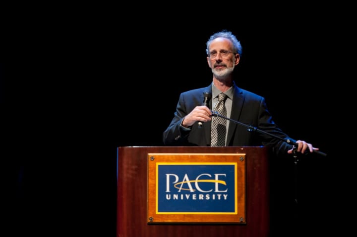 Dr. Peter Gleick of the Oakland-based Pacific Institute addresses faculty, students and other guests at Pace University&#x27;s third Summit on Resilience.