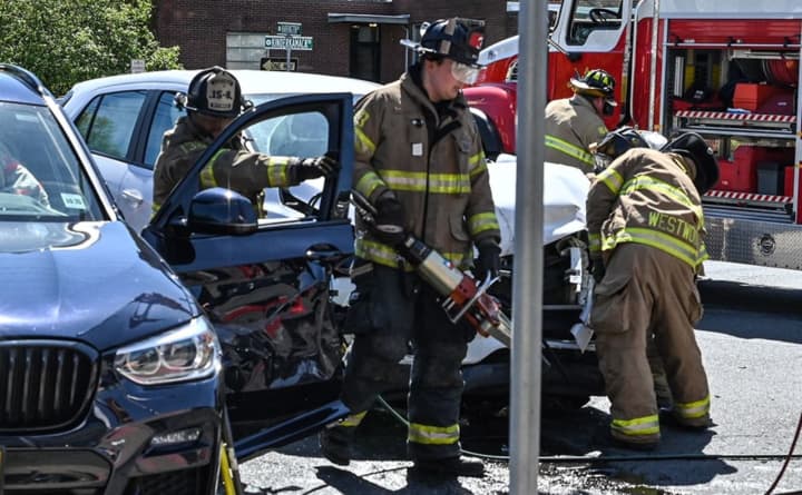 Firefighters freed a driver after his SUV got T-boned by another at the corner of Kinderkamack Road and Westwood Avenue around 10:30 a.m. Sunday, May 7.