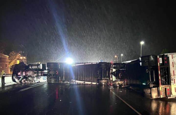The tractor-trailer tipped outside Jack Daniels Porsche on southbound Route 17 in Upper Saddle River around midnight Saturday, April 29.