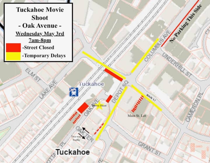 Police released a graphic showing which roads in Tuckahoe would be affected by the film shoot. Parts of Oak Avenue and the western entrance to Depot Square will be closed.