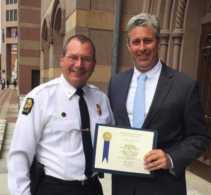 Greenwich Police Sgt. Rich Stook was recognized by the United States Attorney’s Office for the District of Connecticut for investigative work on a major heroin case while assigned as a Federal Task Force Officer