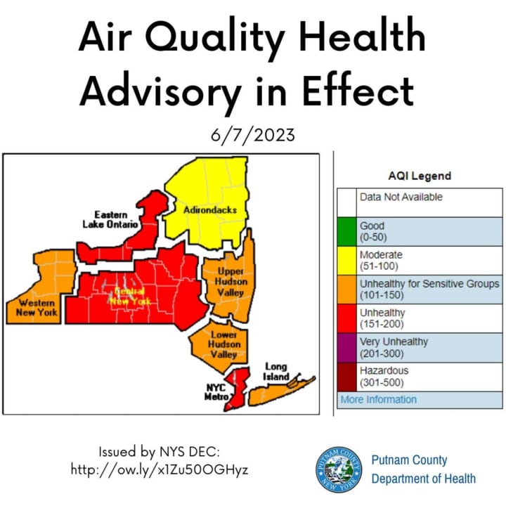 The New York State Department of Environmental Conservation has issued an air quality health advisory for the state of New York. The above map shows Westchester as having &quot;unhealthy&quot; air quality.