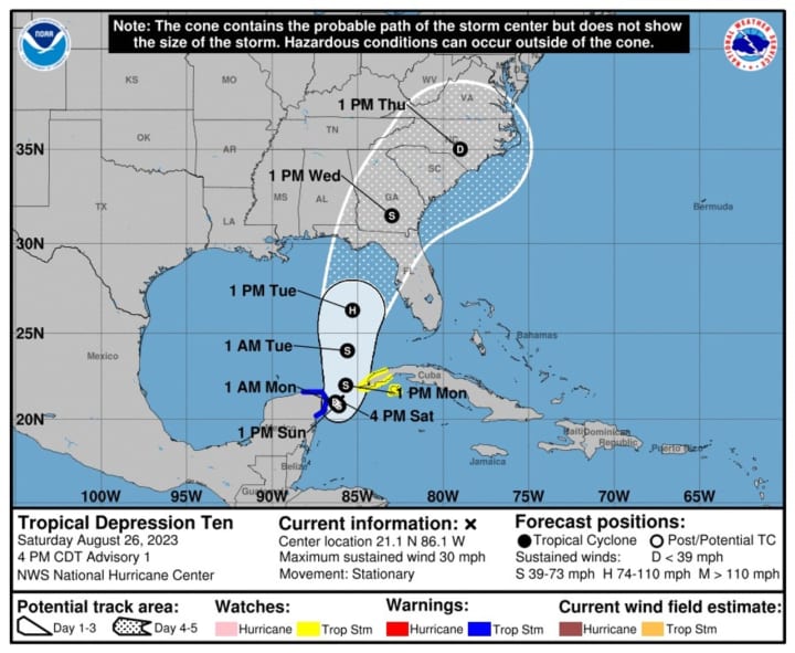 The current projected path and timing of Tropical Depression 10.