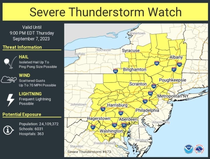Areas in yellow are covered by the watch, which is in effect until 9 p.m. Thursday, Sept. 9.