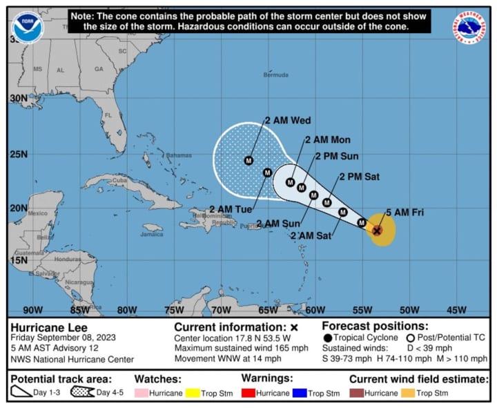 Hurricane Lee&#x27;s projected path through Wednesday morning, Sept. 13.