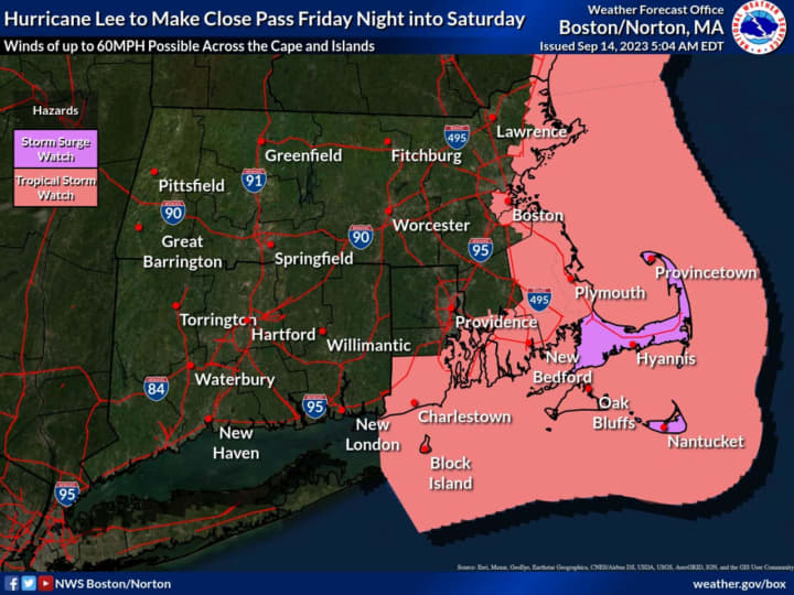 Tropical storm watches have been issued by the National Weather Service in the pink areas in the above map, while storm surge watches have been issued in the purple areas.