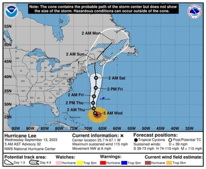 A look at Hurricane Lee&#x27;s projected track through 8 a.m. Monday, Sept. 18.