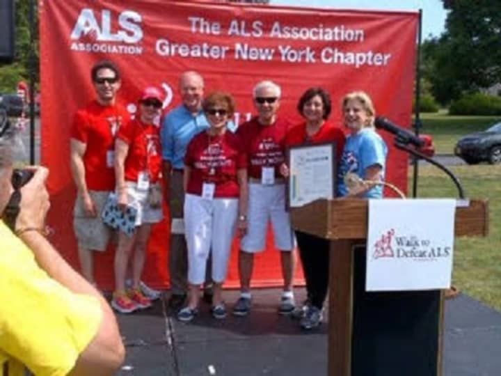 Pictured at Sunday&#x27;s 14th annual Walk to Defeat ALS from left are, Mark and Donna Rubin, George Oros, Fran and Bill Monti, Dorine Gordon, chapter president, and Assemblywoman Shelley Mayer.