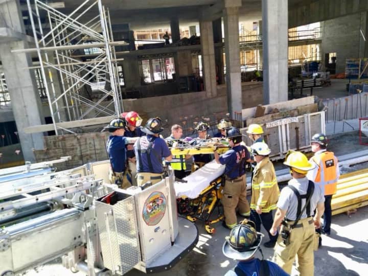 An injured construction worker was rescued by members of the Stamford Fire Department.