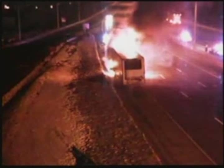 A look at the fully involved tractor-trailer fire on I-84 in Danbury.