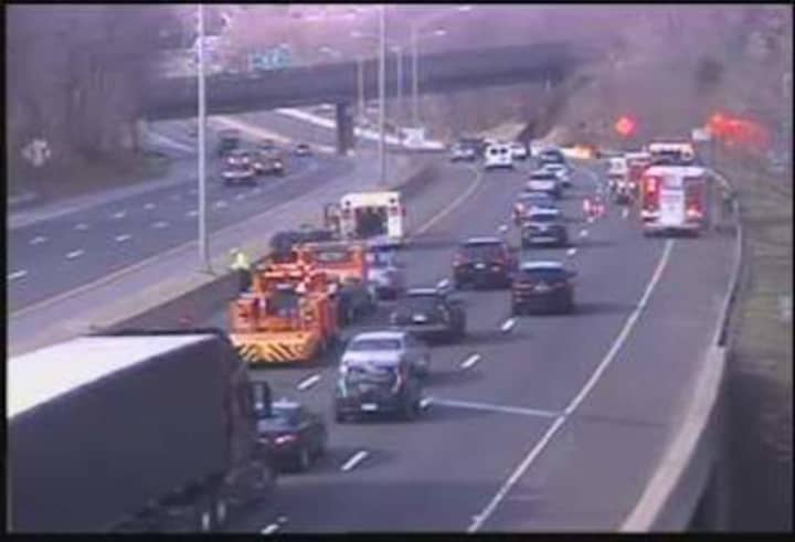 A three-car crash is closing two lanes of I-8 westbound in Danbury.