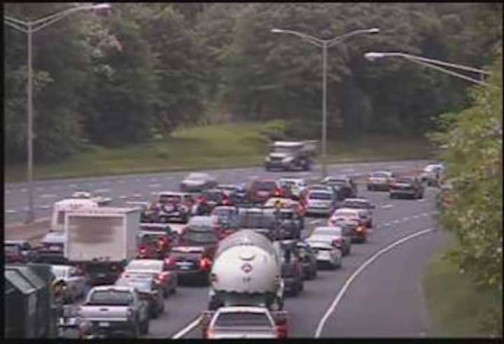 Traffic is building up on I-84 east in Danbury after a rollover crash between exits 4 and 5.